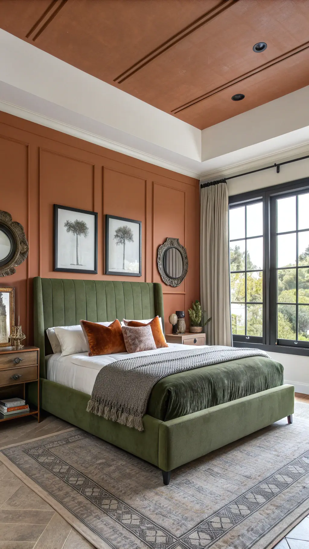 Contemporary primary bedroom with olive green California king bed, terracotta color-blocked walls, oversized abstract art, brass floor mirror, and sculptural ceramics, lit by soft diffused daylight and accent lighting.