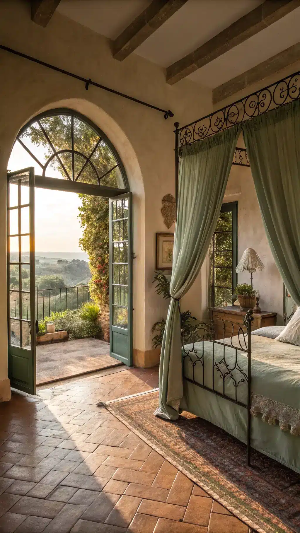 Mediterranean-style guest room with arched windows, green silk drapes, iron bed with olive linen canopy, vintage rugs and pottery, warmed by late afternoon sunlight