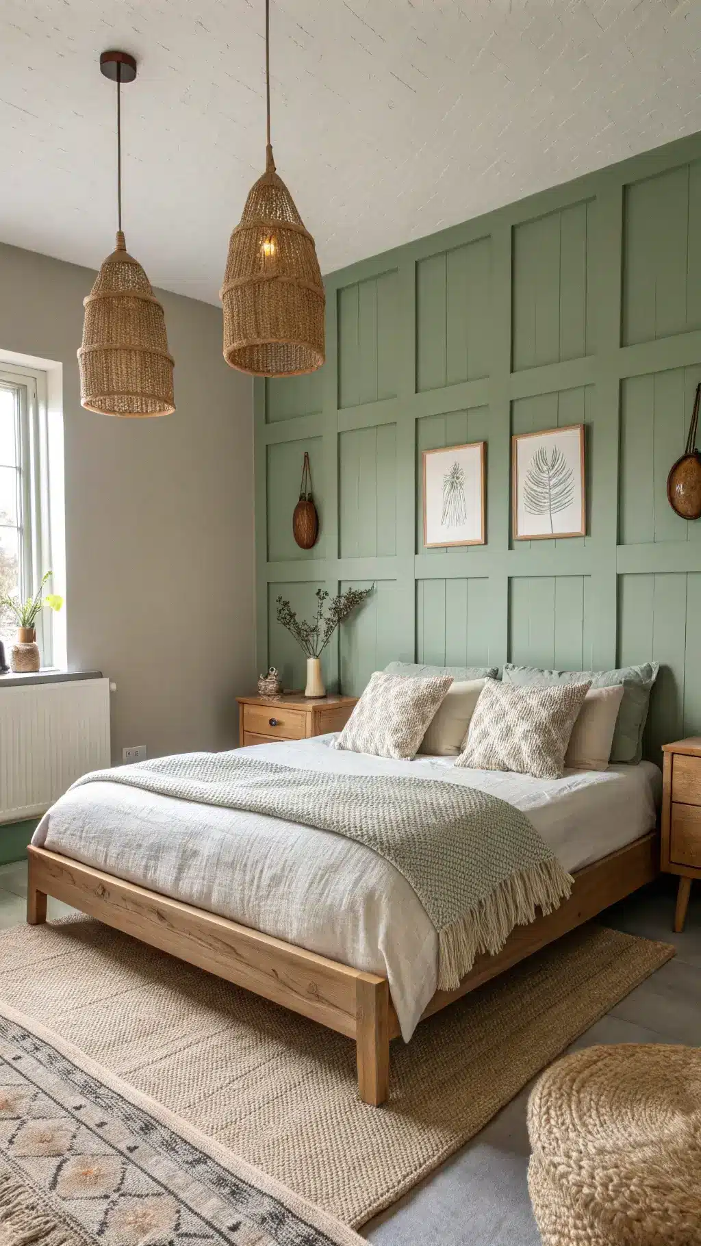 Minimalist Scandinavian bedroom with sage green walls, low-profile platform bed with cream linens, terracotta color block, handcrafted ceramic pendant lights, bleached wood furniture, and simple artwork, illuminated by morning light