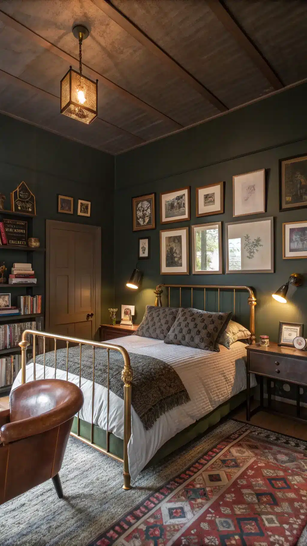Dark sage bedroom with vintage brass bed, leather reading chair, desk vignette, gallery wall art, and terracotta ceiling, highlighted by the glow of a desk lamp.