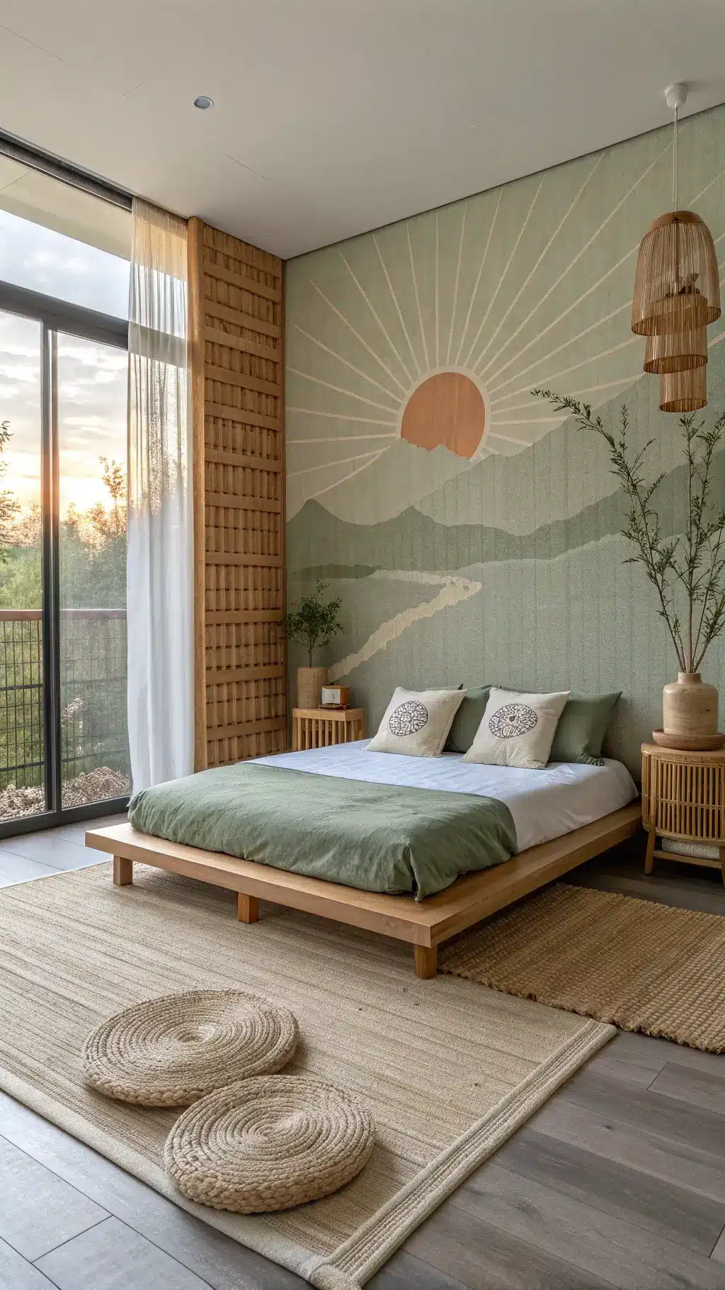 Zen-style bedroom with sage green grasscloth walls, low platform bed facing terracotta sunrise wall, bamboo furniture, meditation cushions, handmade ceramics and natural fiber rug, shot at dawn with light filtering through sheer curtains