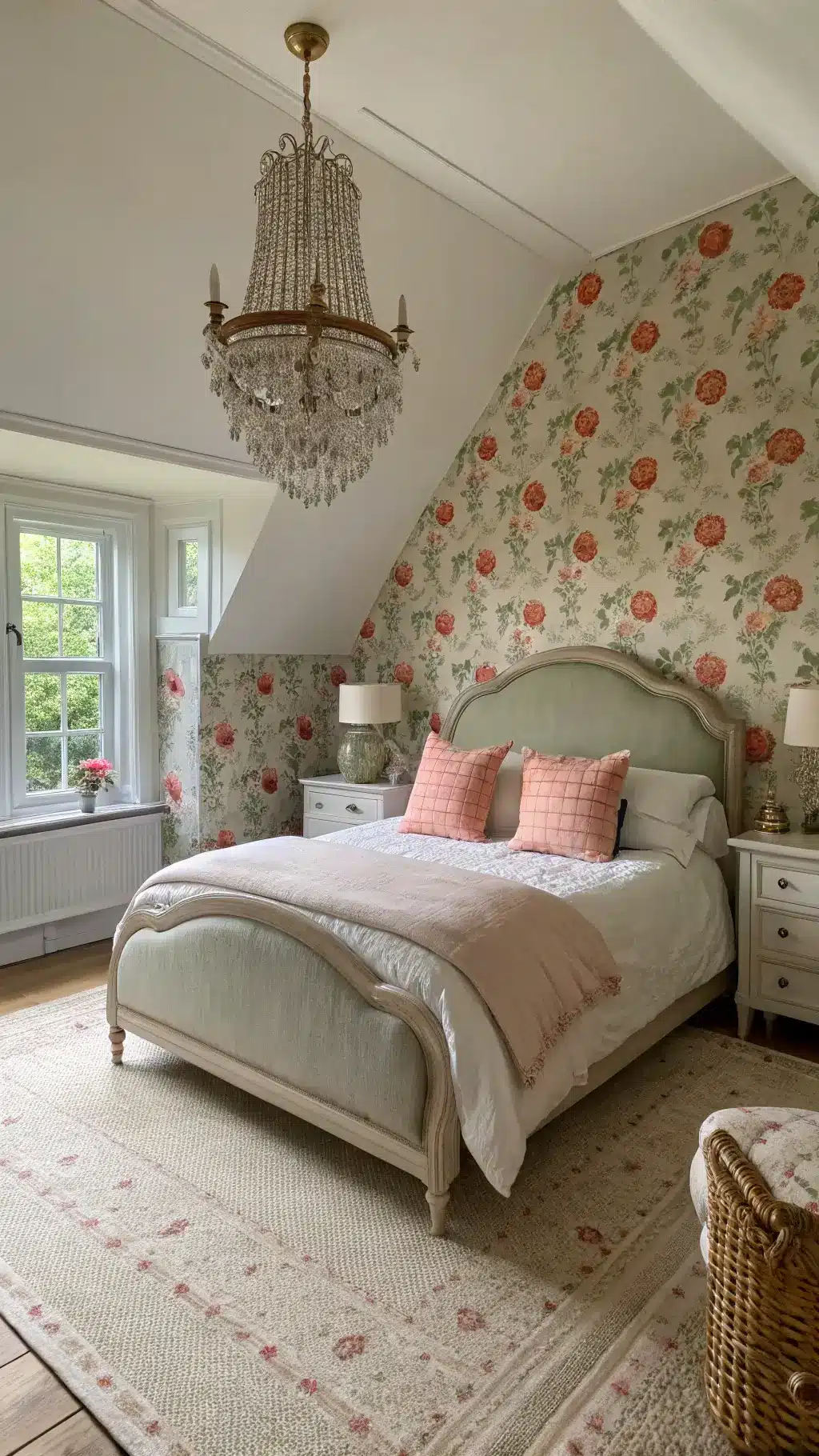 Grand cottage bedroom with coral and sage chintz wallpaper, king bed with neutral linen headboard and colorful bedding, sisal rug, French armoire, and crystal chandelier. The photo is taken from an elevated corner with morning light casting dramatic shadows.