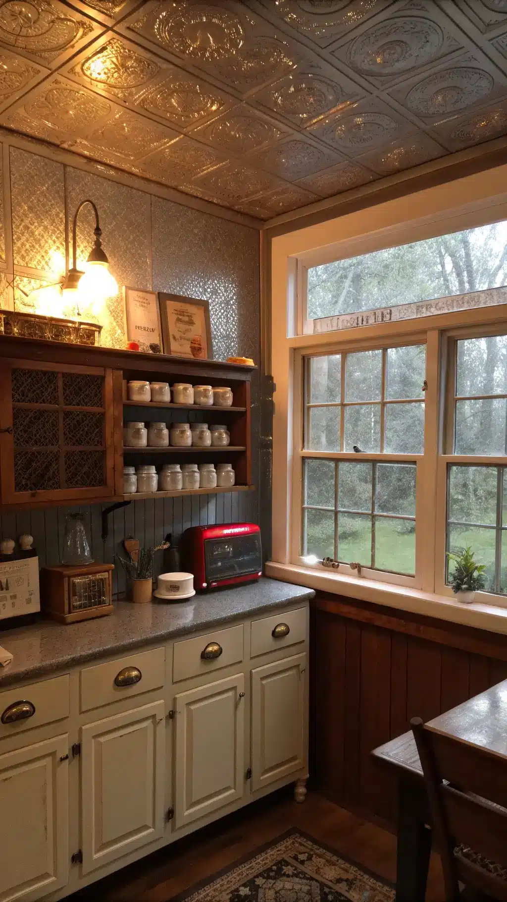Cozy vintage kitchen scene with hot chocolate station, FireKing mugs, vintage radio on shelf, rain visible through windows, display of copper molds under warm cabinet lighting, all set in natural moody lighting.