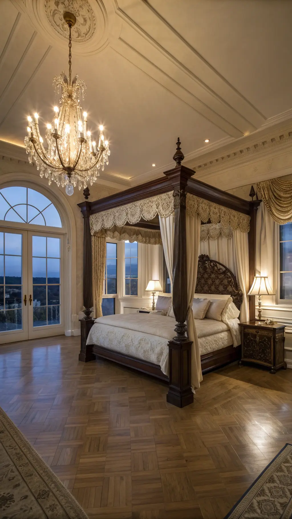 Grand vintage master bedroom with four-poster mahogany bed, tall windows, ornate mirrors, and crystal chandelier at dusk.