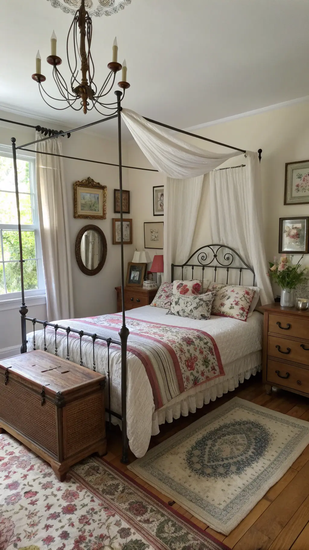 Vintage eclectic bedroom with metal canopy bed, gallery wall of mirrors, and cedar chest bathed in morning light.
