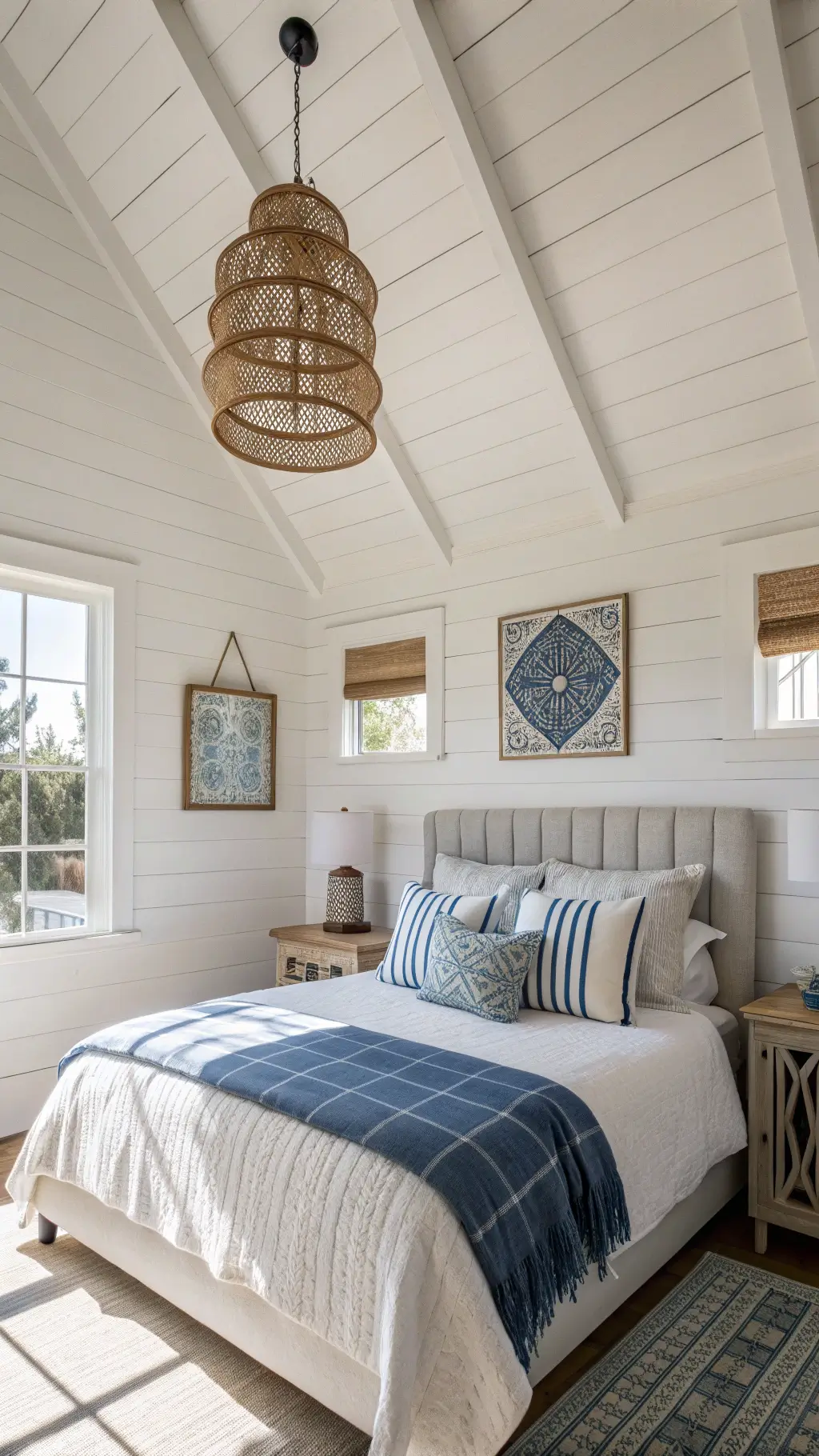 Sun-drenched coastal guest room with chalk white shiplap walls, exposed beams, queen bed with striped throws and sea glass colored pillows, rattan pendant light and vintage indigo wall art in a refined beach house.