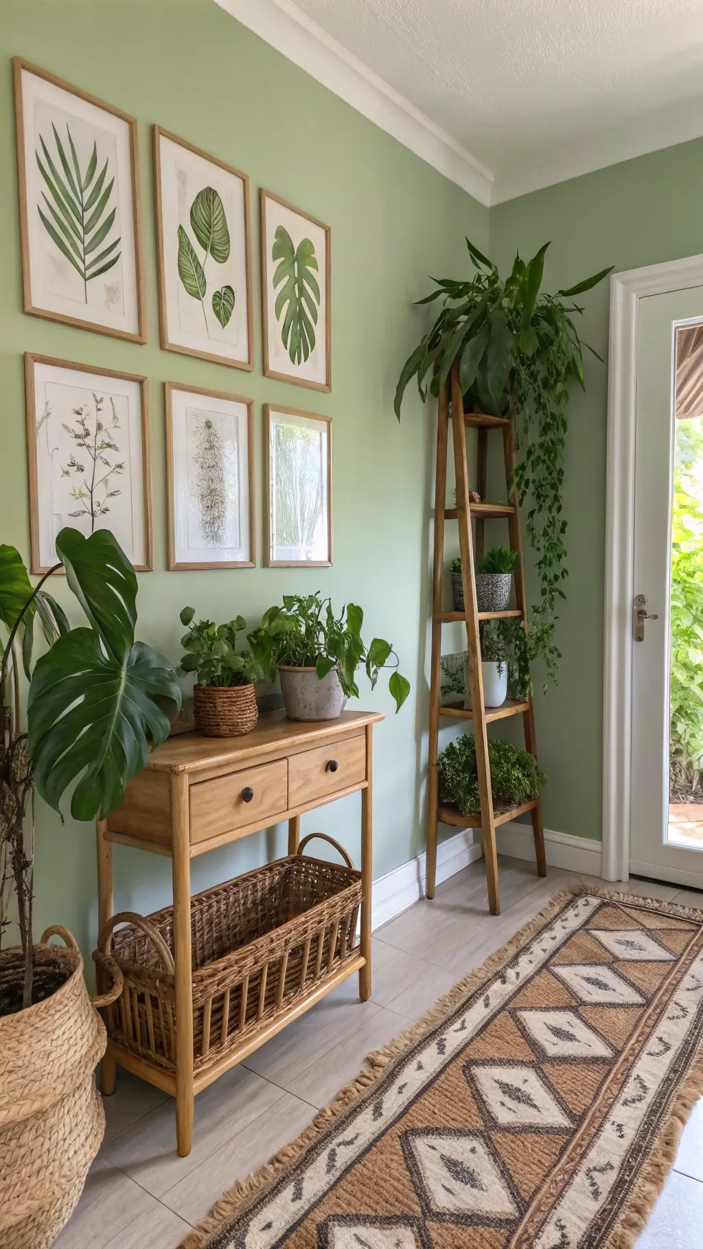 Vintage botanical sanctuary entryway featuring sage green walls, botanical prints, rattan console table, bamboo ladder shelf, earth-toned wool runner, and assorted plants in morning light.