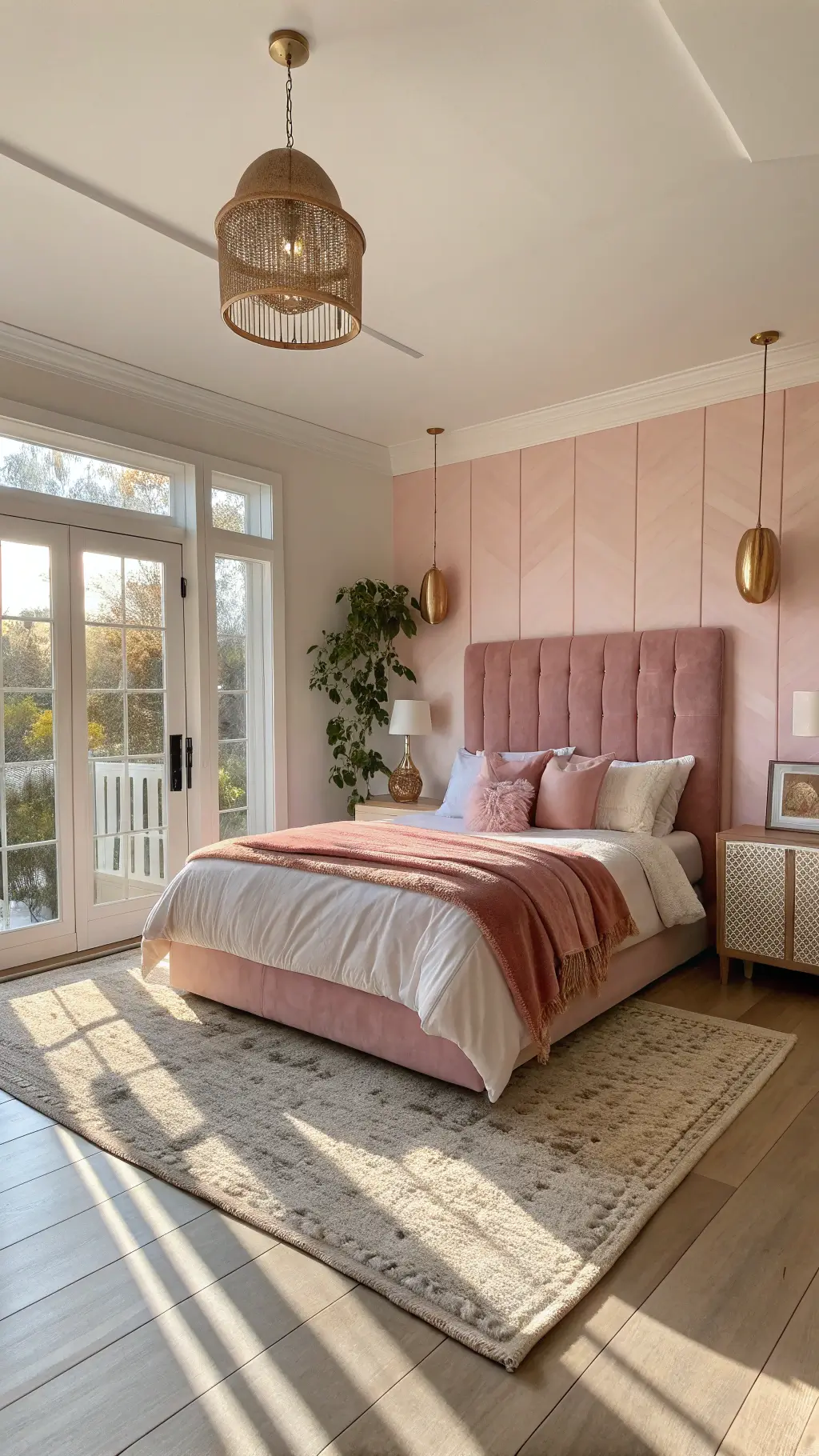Sunlit 14'x16' bedroom with blush velvet king-size headboard, pink ombré wall, floor-to-ceiling windows, white oak flooring, cream Moroccan rug, and layered pink bedding, viewed from doorway with soft bokeh effect.