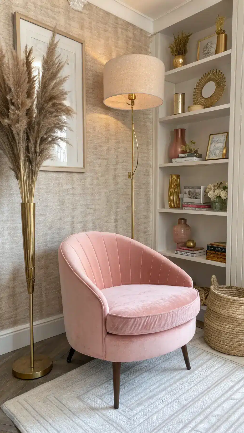 Intimate corner nook with pink velvet chair, brass floor lamp, vintage rugs, and white floating shelves with decorations, bathed in morning light.