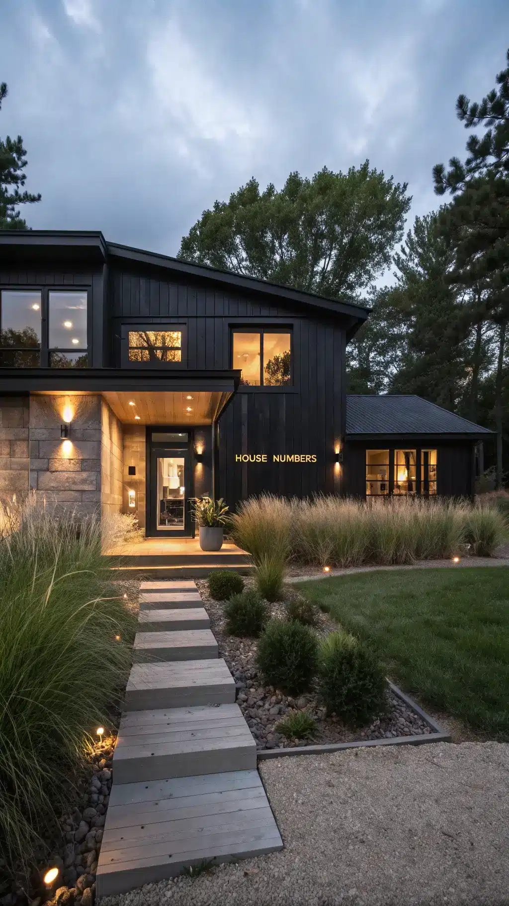 Modernized cabin at dusk with dark-stained siding, oversized matte black windows, minimalist porch with concrete planters, linear sconces creating dramatic lighting, brushed brass house numbers, and carefully placed river stone borders and steel planter boxes.