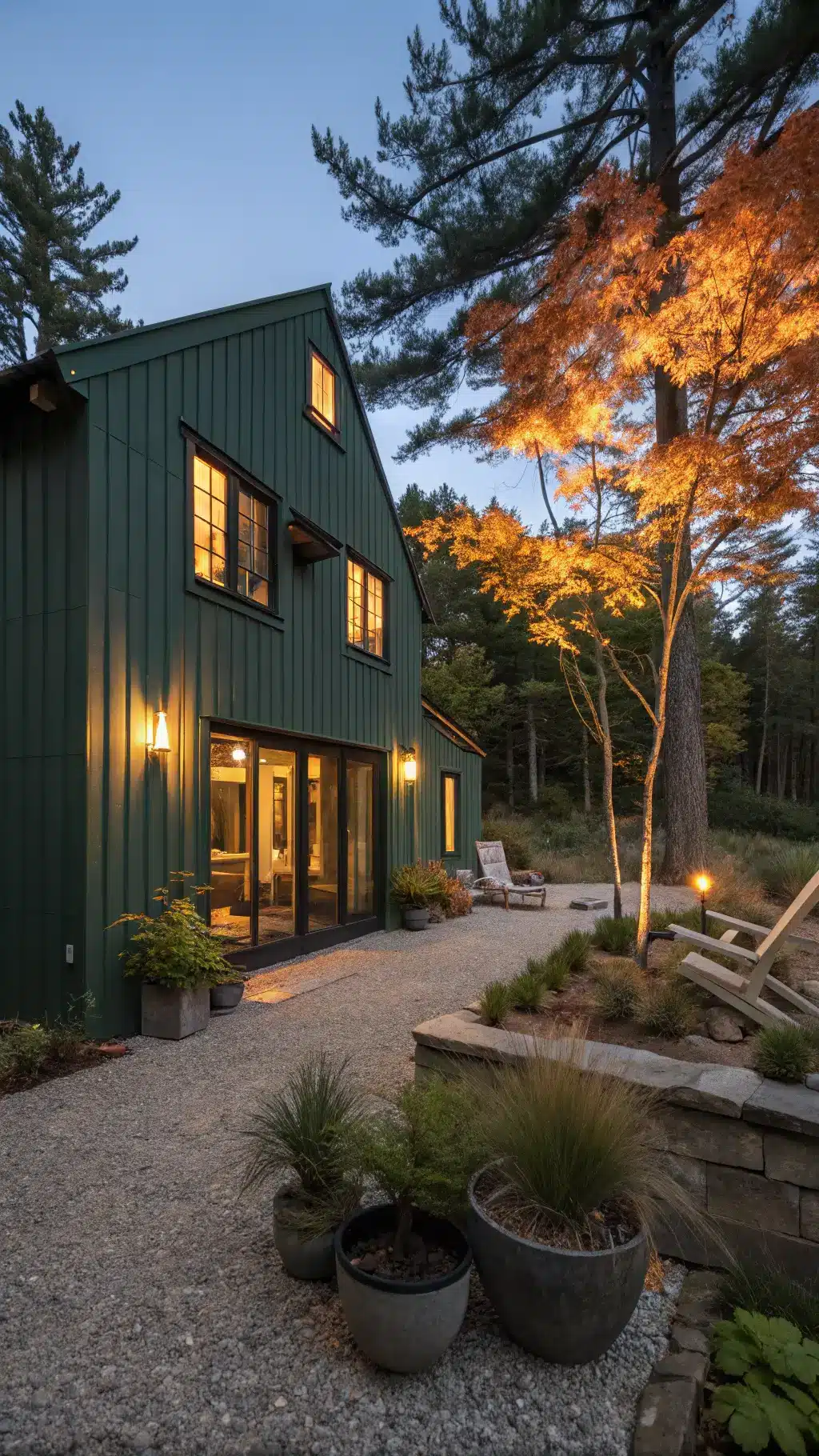 Twilight-lit cabin with green siding, illuminated Japanese maple tree, geometric shadow-casting wall lanterns, path lights leading to modern door, oversized planters with succulents, and gravel courtyard with fire pit and Adirondack chairs.