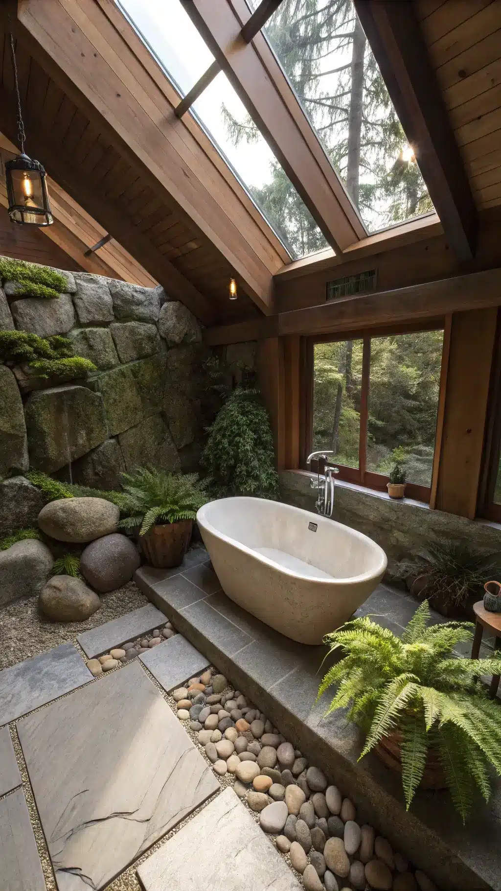 Japanese wabi-sabi master bathroom bathed in morning light, featuring a center oak tub, surrounded by moss and river rocks, plants in handmade ceramic pots, and vintage brass fixtures on limestone flooring.