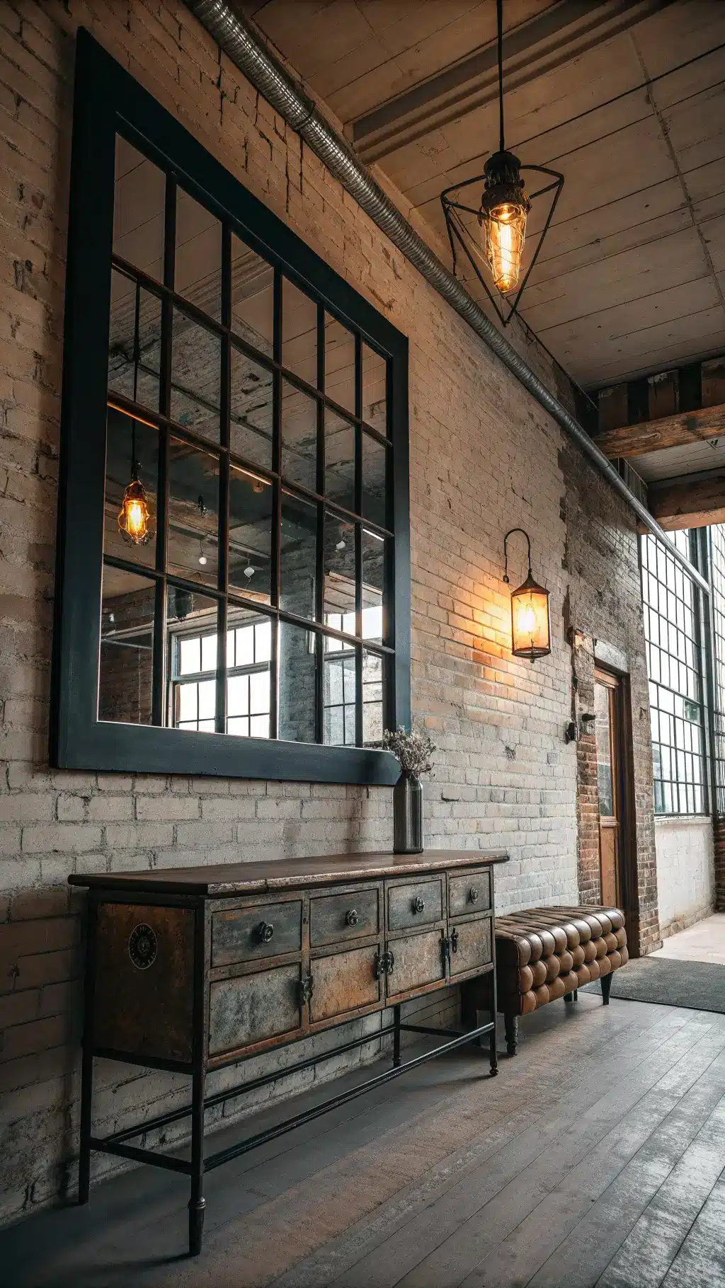 Vintage-industrial themed 7x5ft entry with exposed brick wall, antique console, Edison bulb sconces, and a vintage leather bench with steel hairpin legs from a low angle view.