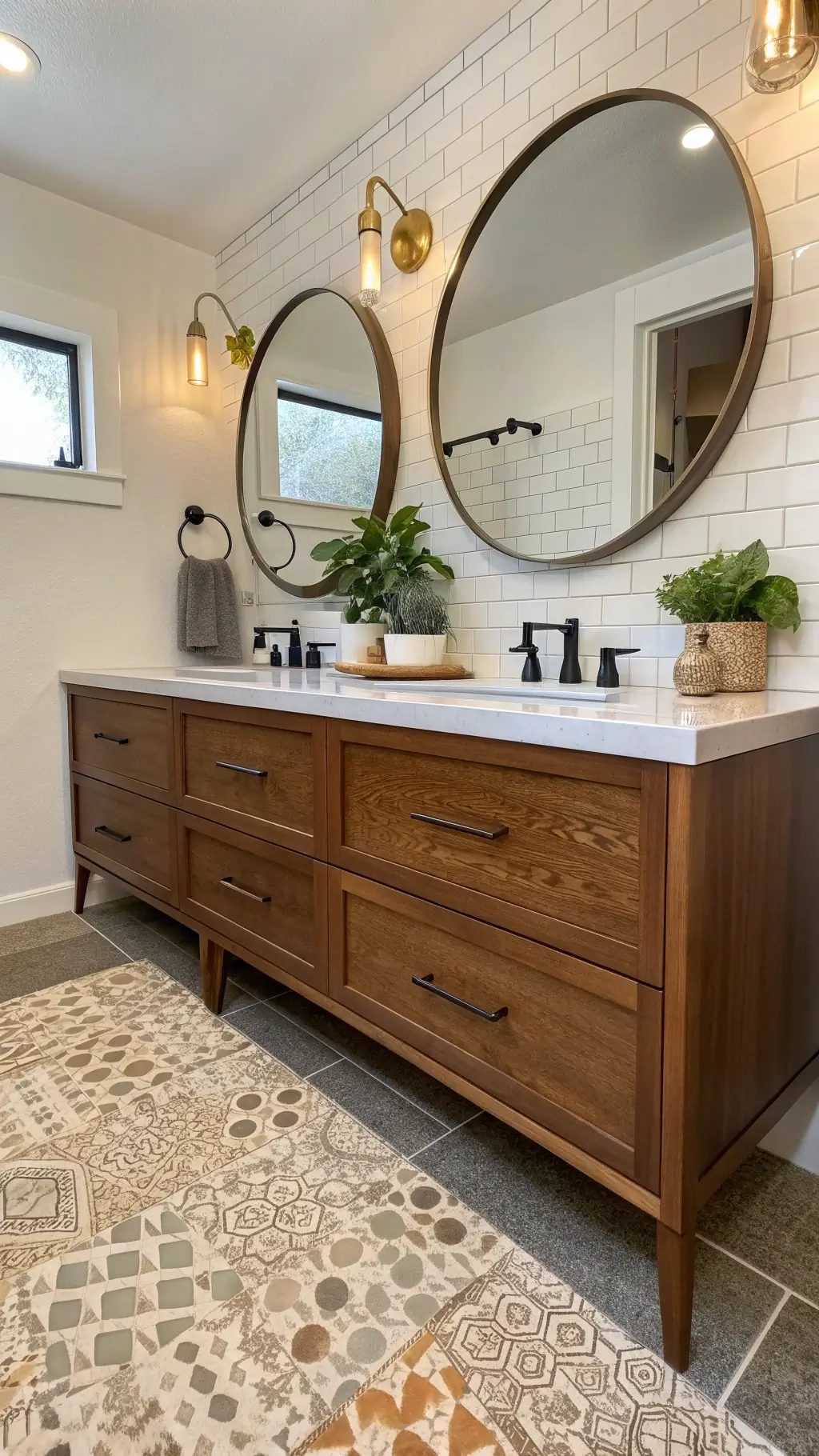 Mid-century modern bathroom with walnut double vanity, grey terrazzo countertop with brass specs, circular brass mirrors, matte black faucets, geometric earth-toned tile floor, teak accessories and potted plants, enhanced by warm lighting.