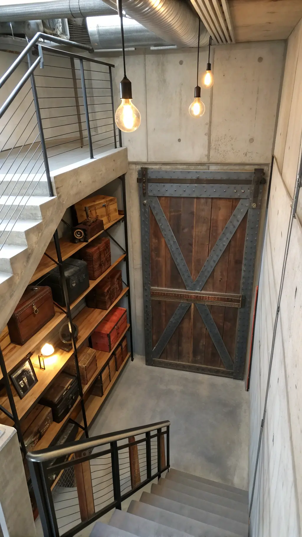 Aerial view of an industrial-chic storage system under concrete staircase with exposed Edison bulb lighting, raw steel framework, sliding barn door panels, vintage leather suitcases and copper accessories on open shelving.