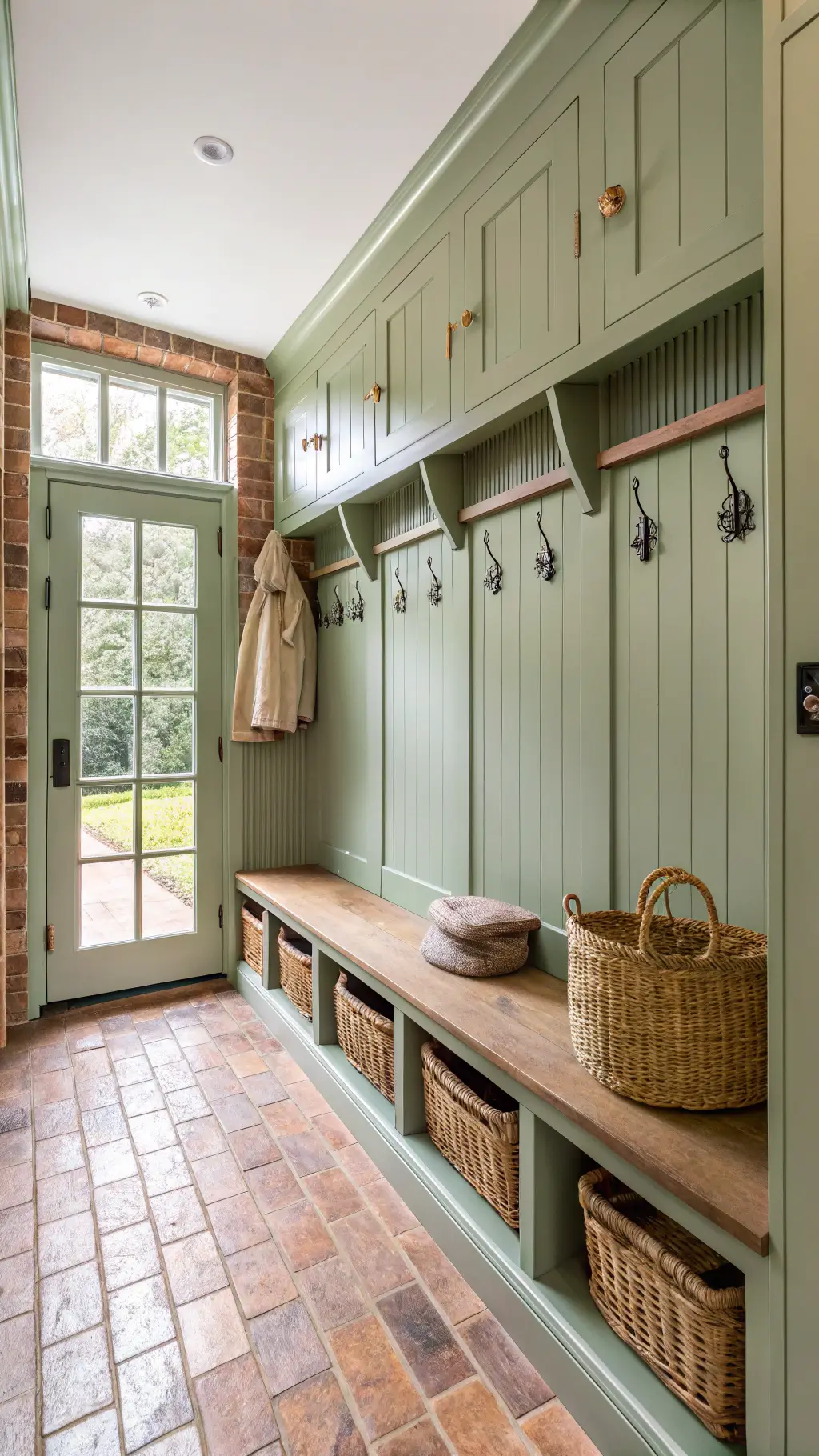 Traditional English mudroom featuring sage green tongue-and-groove paneling, antique brass hooks, natural woven baskets under bench seating, terracotta floor tiles, and morning light streaming through a leaded glass window, shot from a doorway perspective.