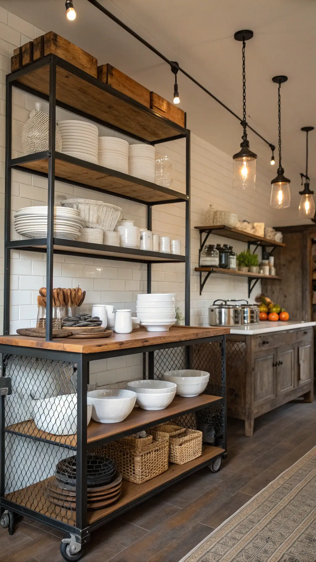 Compact urban farmhouse kitchen with black steel gridwork shelving holding white pottery, copper cookware, reclaimed wood open shelving and a repurposed factory cart island, illuminated by vintage pendant lighting.
