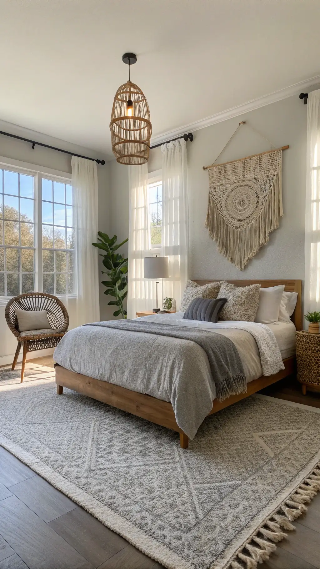 Sunlit grey boho bedroom with queen platform bed, vintage brass floor lamp, oversized rattan chair, layered rugs and macramé wall décor, bathed in morning light streaming through sheer curtains.