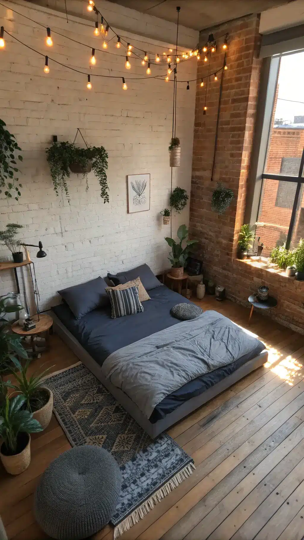 Overhead view of a contemporary urban boho-style bedroom with grey-painted exposed brick, Japanese-style bed with charcoal bedding, vintage indigo pillows, string lights, hanging plants, and a meditation corner with floor cushions, illuminated by afternoon light creating shadow patterns.