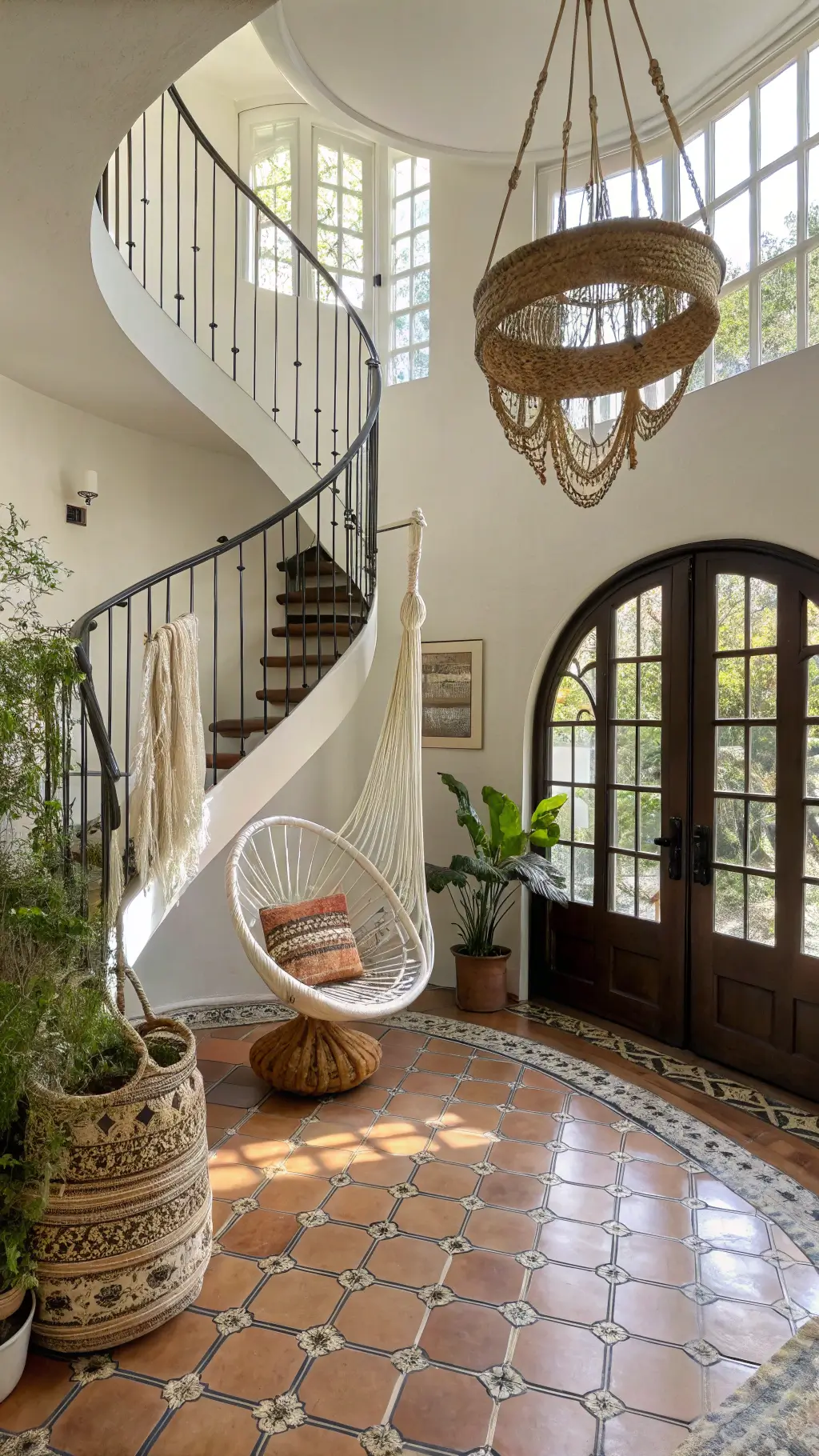Bright, airy foyer with spiral staircase, floor-to-ceiling windows, rattan peacock chair with vintage textiles, macramé plant hangers, and terracotta tiles captured through a wide-angle lens.