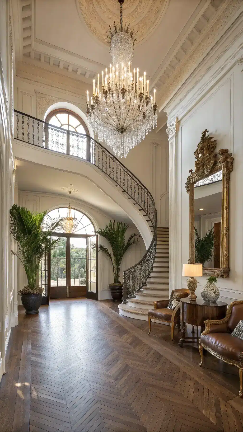 Grand entryway with sweeping staircase, herringbone wood floors, crystal chandelier, carved wooden mirror, brass palm sconces, vintage leather chairs and oversized pottery.