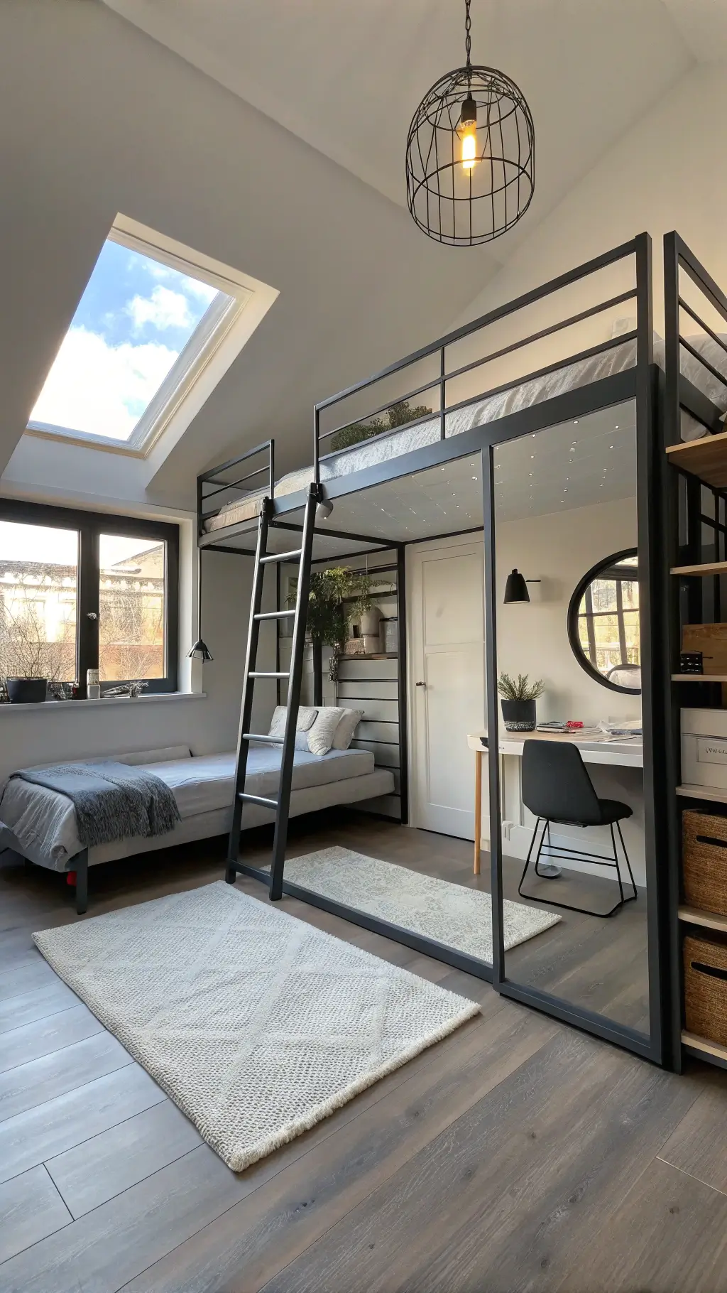 Sunlit bedroom featuring floor-to-ceiling mirror, loft bed with desk underneath, hanging industrial light, and vertical storage including ladder shelving, with morning light creating geometric shadows.