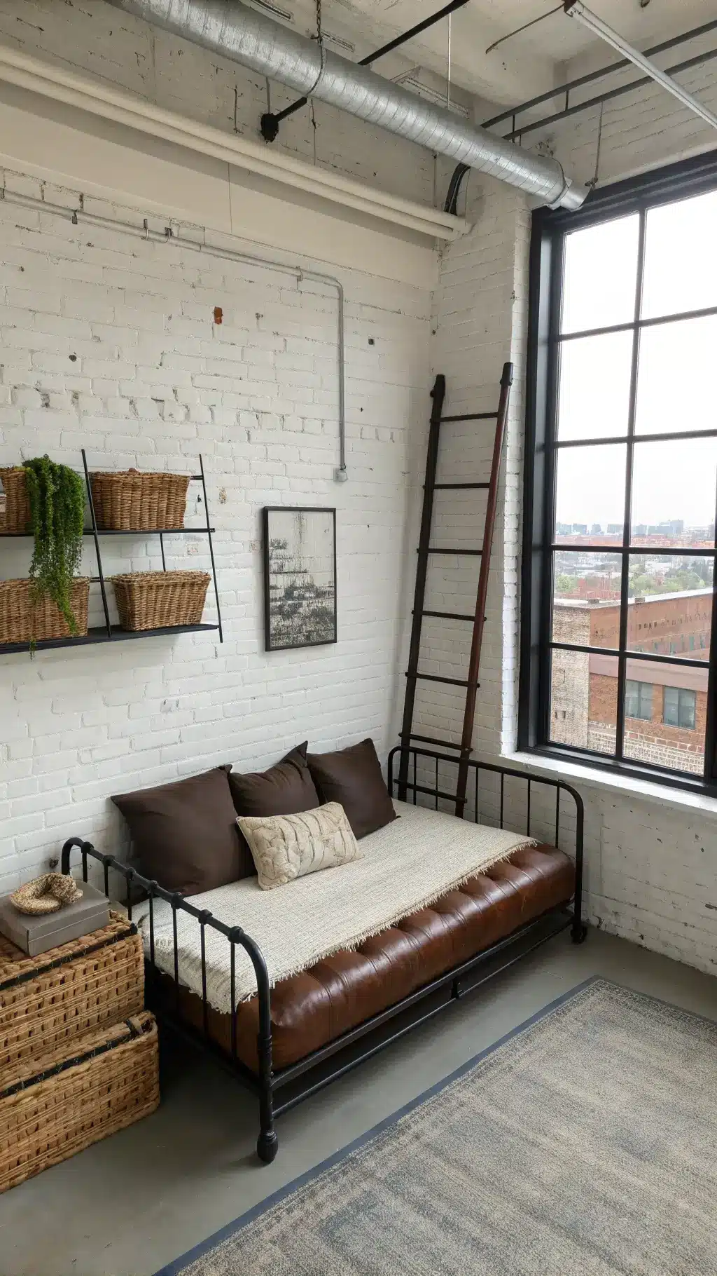 Aerial view of an urban-inspired 8x11ft bedroom featuring white painted exposed brick wall, steel-framed daybed with leather cushions, factory-style window, and black metal storage ladder with woven baskets.