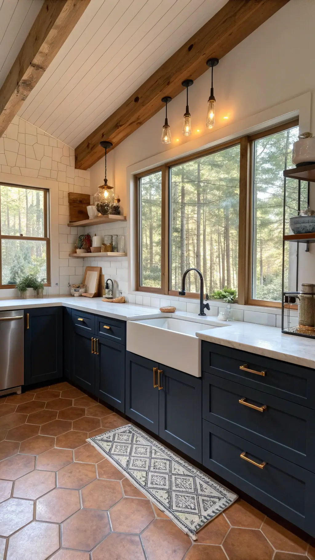 L-shaped cabin kitchen with navy and white cabinets, marble-look quartz countertops, modern brass sconces, floating wooden shelves, terracotta tiles, and corner windows overlooking forest during golden hour.