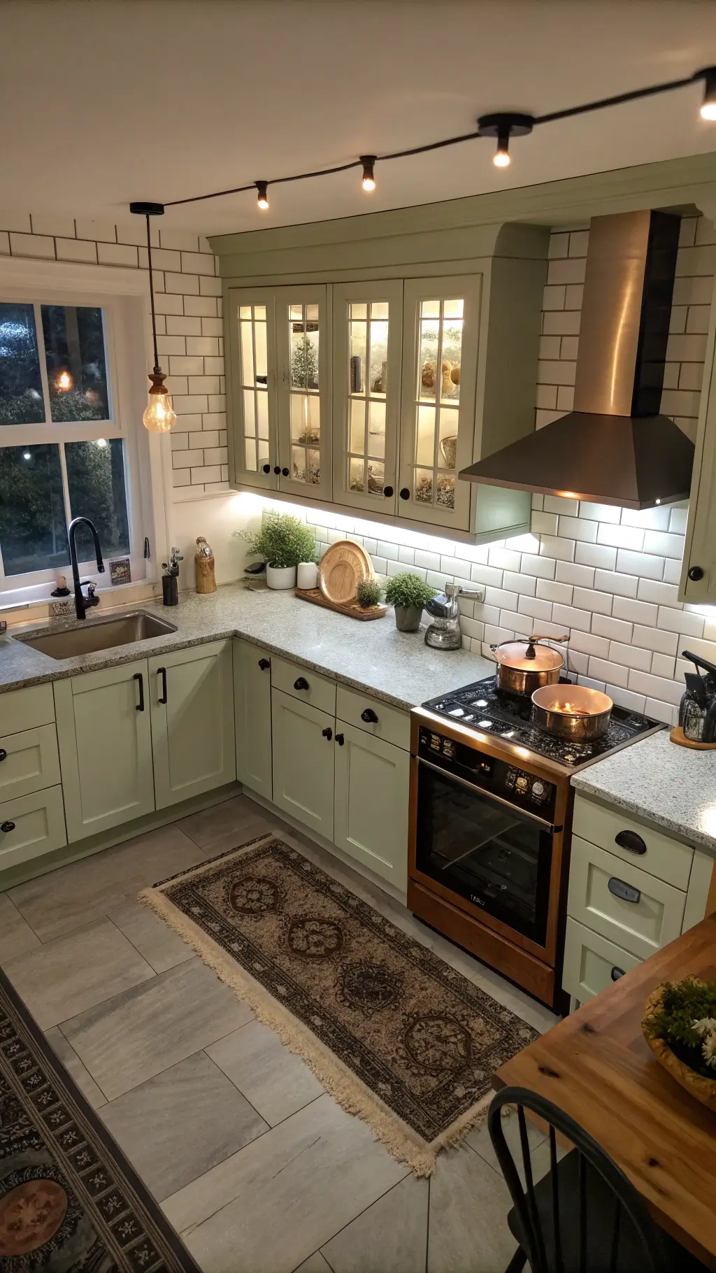 Compact horseshoe kitchen illuminated by dusk lighting and under-cabinet LED strips, showcasing two-tone sage green and cream cabinets with a mini copper-topped island, glass-front upper cabinets filled with dishes, subway tile backsplash, and a vintage runner.
