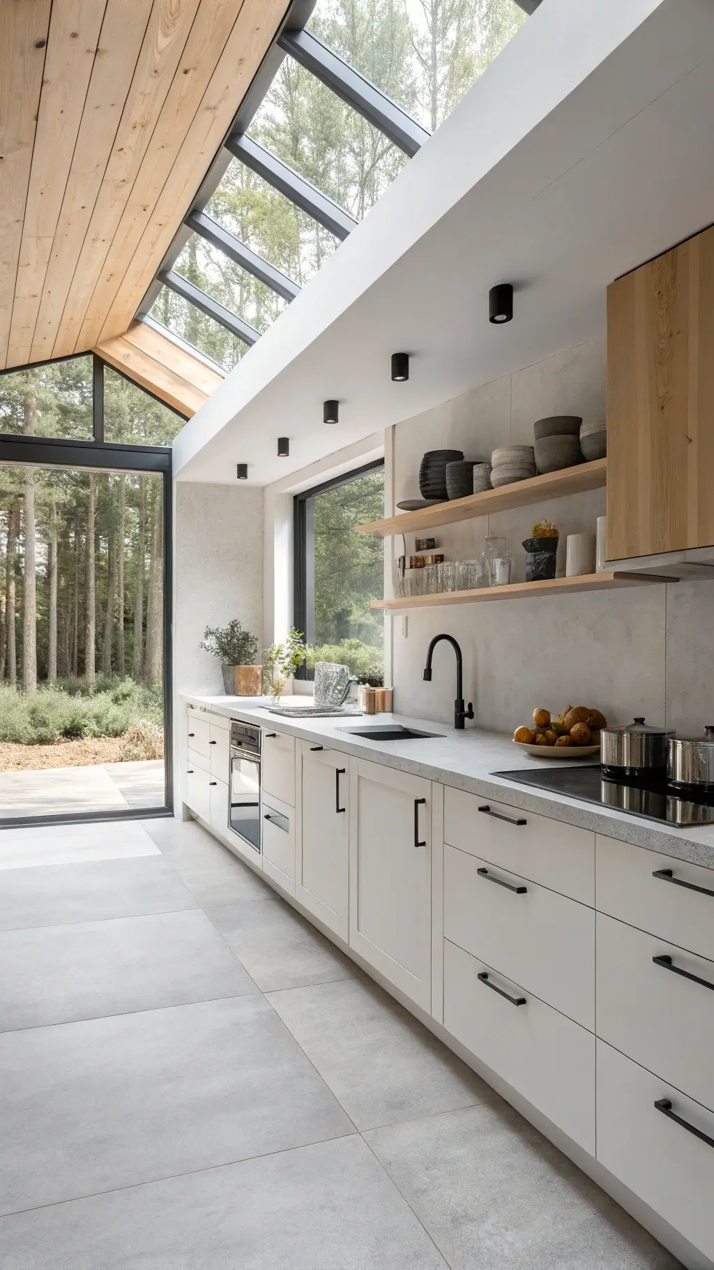 Minimalist cabin kitchen with floor-to-ceiling white cabinets, concrete countertops, floating steel shelves, matte black fixtures, and pale ash flooring captured in diffused afternoon light through skylights.