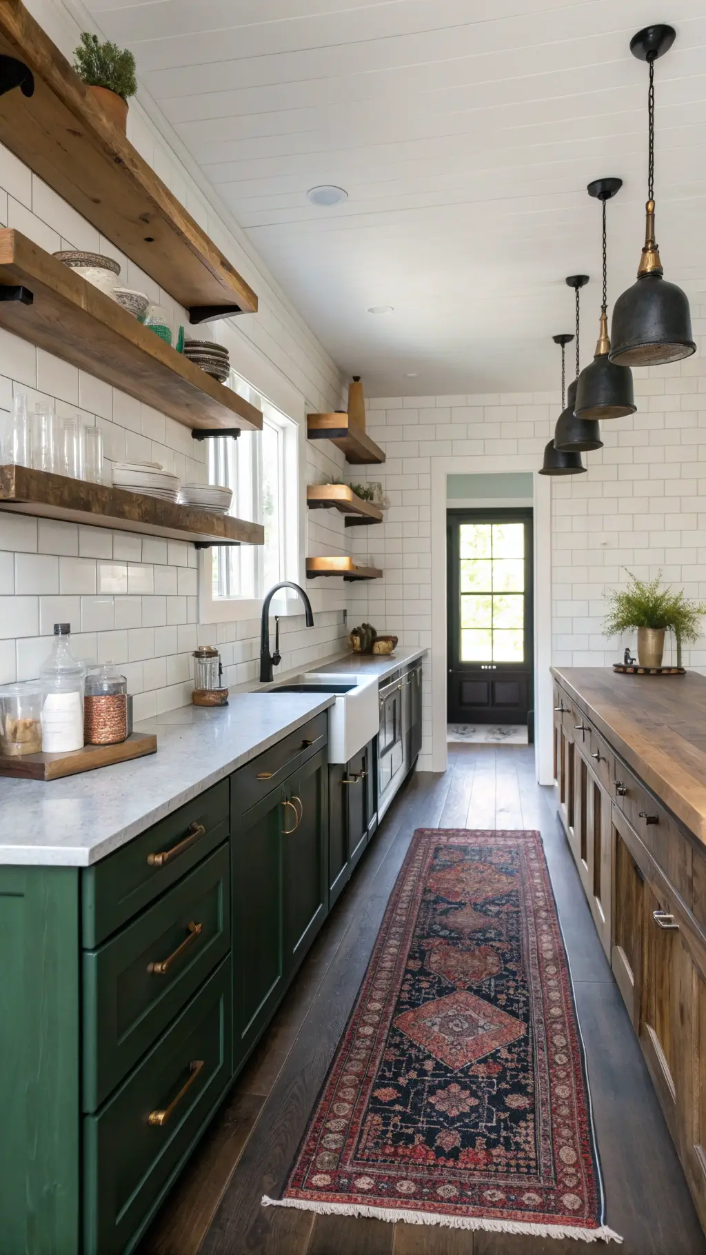 Rustic-modern galley kitchen with reclaimed barn wood open shelving, dark green cabinets, white subway tile, soapstone counters, copper sink, vintage rug, industrial black pendant lights, and pine floors, illuminated by morning light