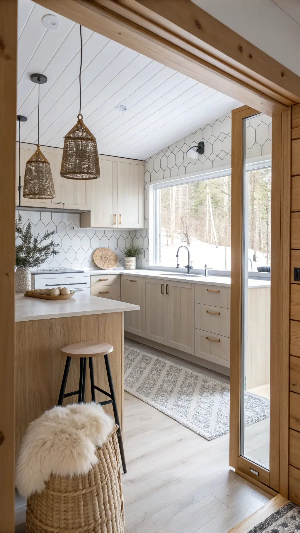 Scandinavian cabin kitchen featuring blonde wood cabinets, white quartz waterfall countertop, woven pendant lights, sheepskin on wooden stool, and a grey geometric tile backsplash, lit by winter light through a frosted window.