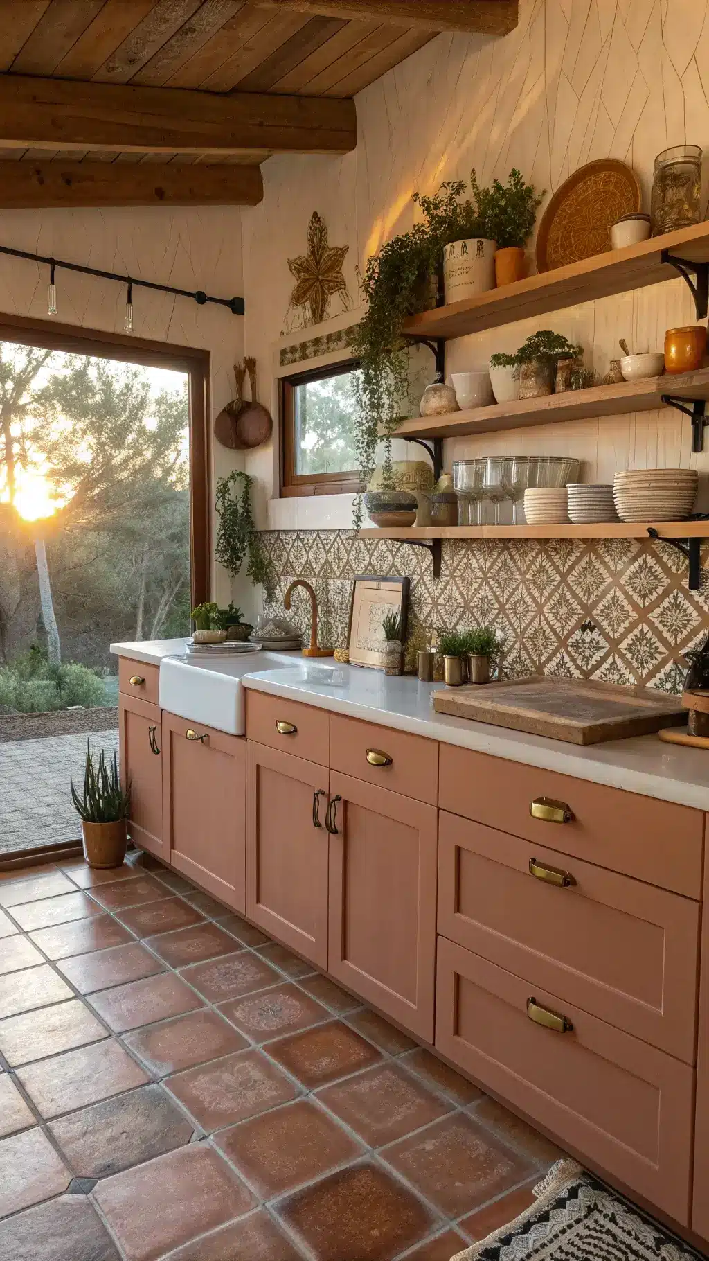 Boho-style cabin kitchen with warm clay-colored cabinets, brass hardware, Moroccan tile backsplash, live-edge wood shelves, macramé plant holders, and terracotta floor tiles during sunset glow.