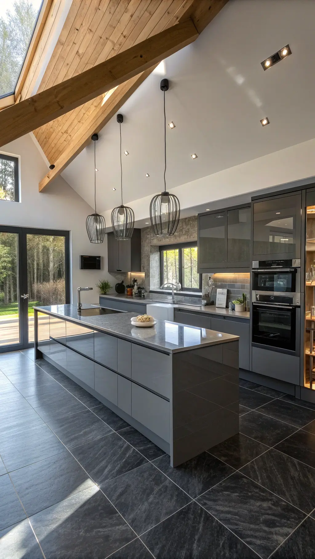 Aerial view of a contemporary cabin kitchen with grey high-gloss cabinets, a quartz island with hidden storage, minimal open shelving in blackened steel, large charcoal floor tiles, glass pendant lights, and LED track lighting creating dramatic shadows, emphasizing geometric lines and reflective surfaces.