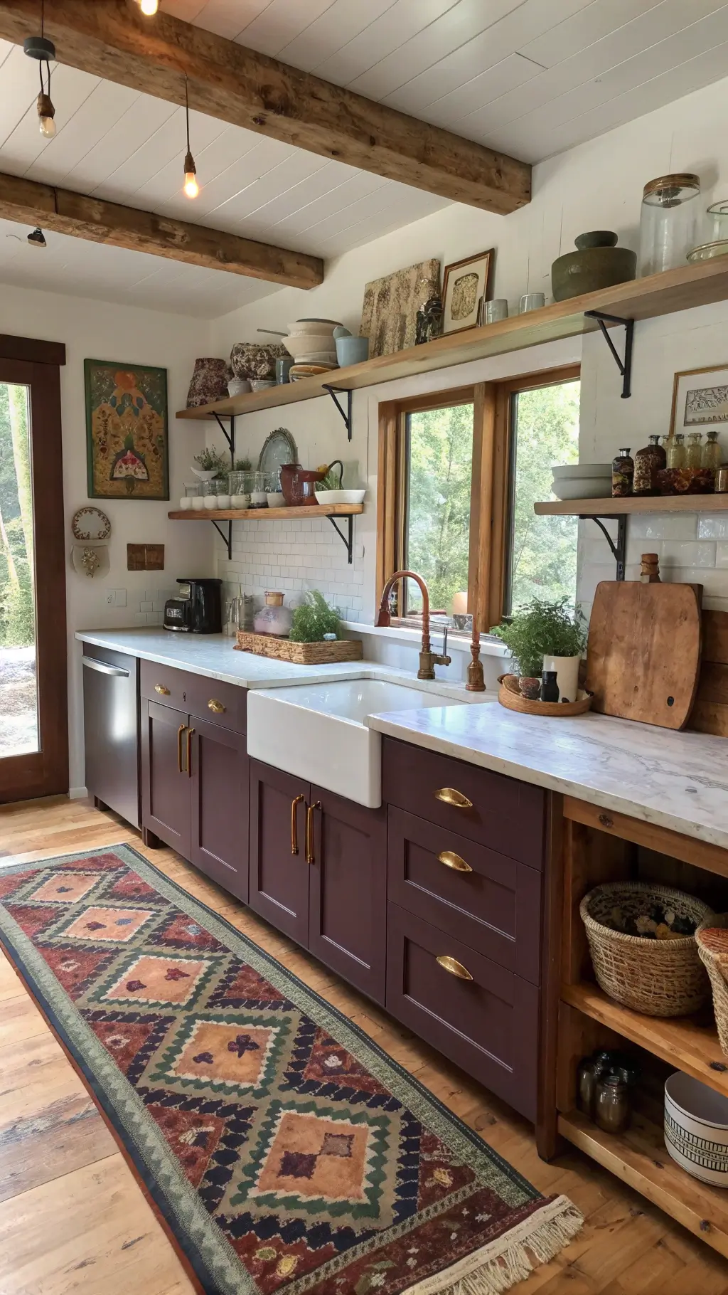 Artistic cabin kitchen filled with handmade ceramics, deep aubergine cabinets with brass hardware, marble-topped butcher block island, vintage kilim runner, and exposed copper pipes captured in morning light.