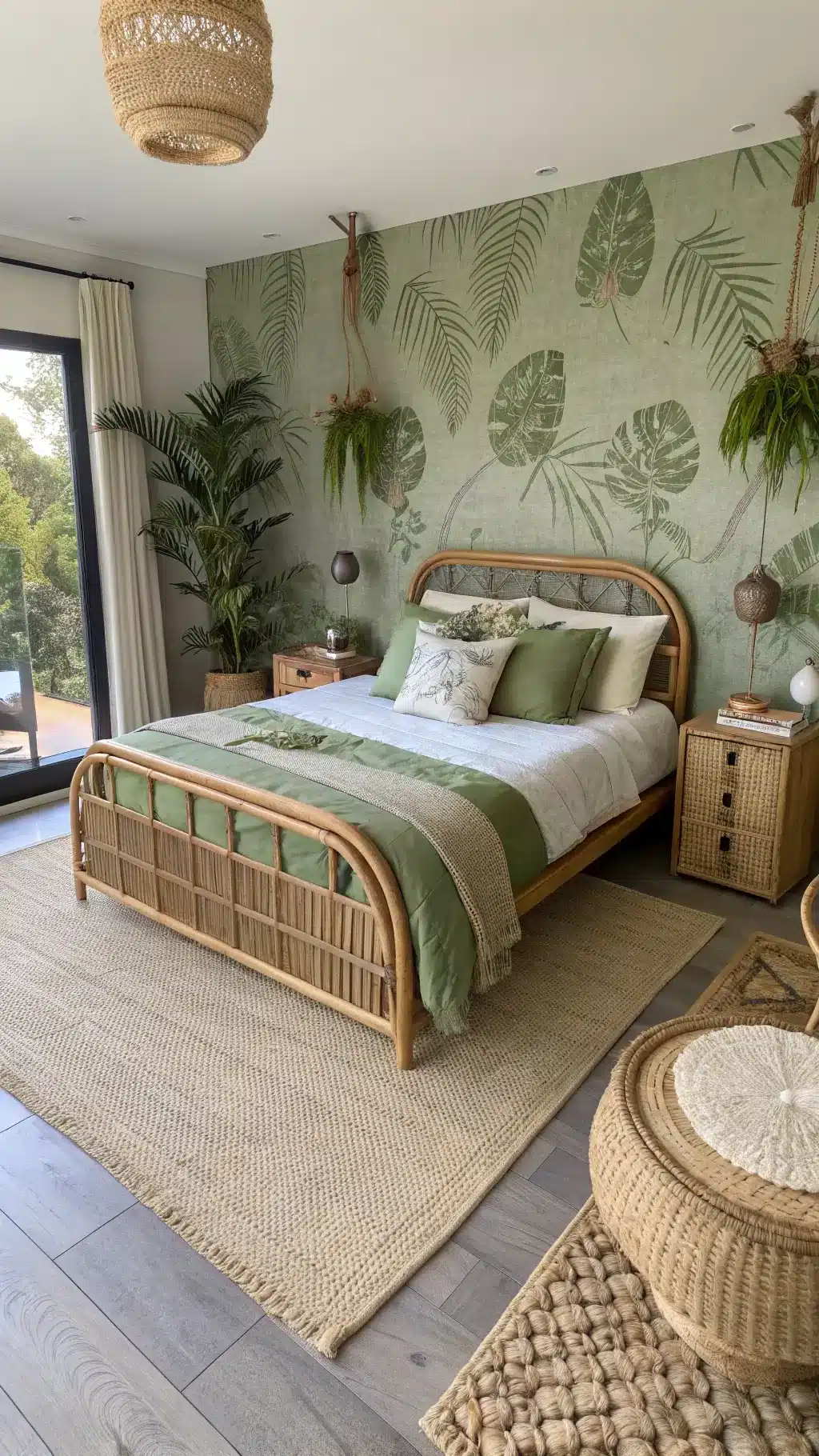 Top view of a spacious zen boho bedroom with morning sunlight, sage grasscloth wallpaper, a natural rattan bed with olive and cream textiles, floor cushions around a low meditation table, and a living wall of ferns and moss.