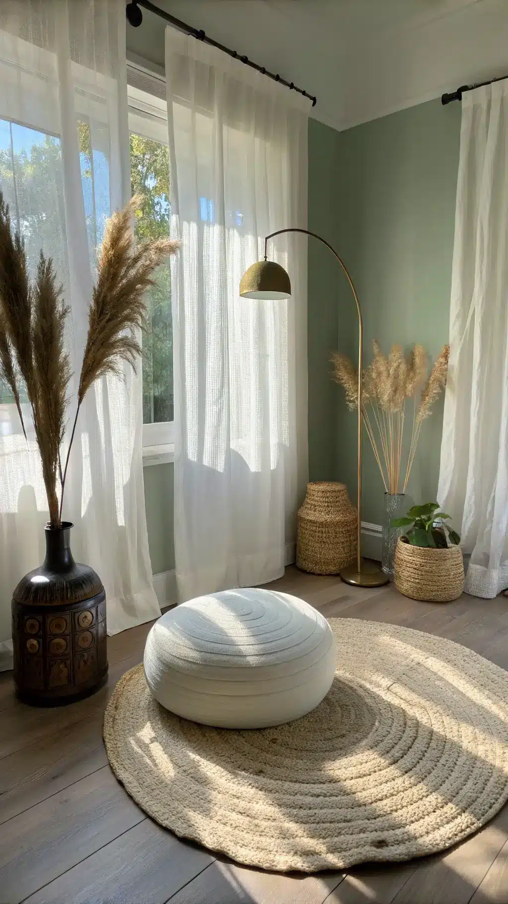 Sunny meditation room with sage green walls, sheer white curtains, oak flooring, a rattan cushion on a jute rug, a brass floor lamp, and ceramic vessels with pampas grass, emphasized by natural and warm fill lights from a low corner angle