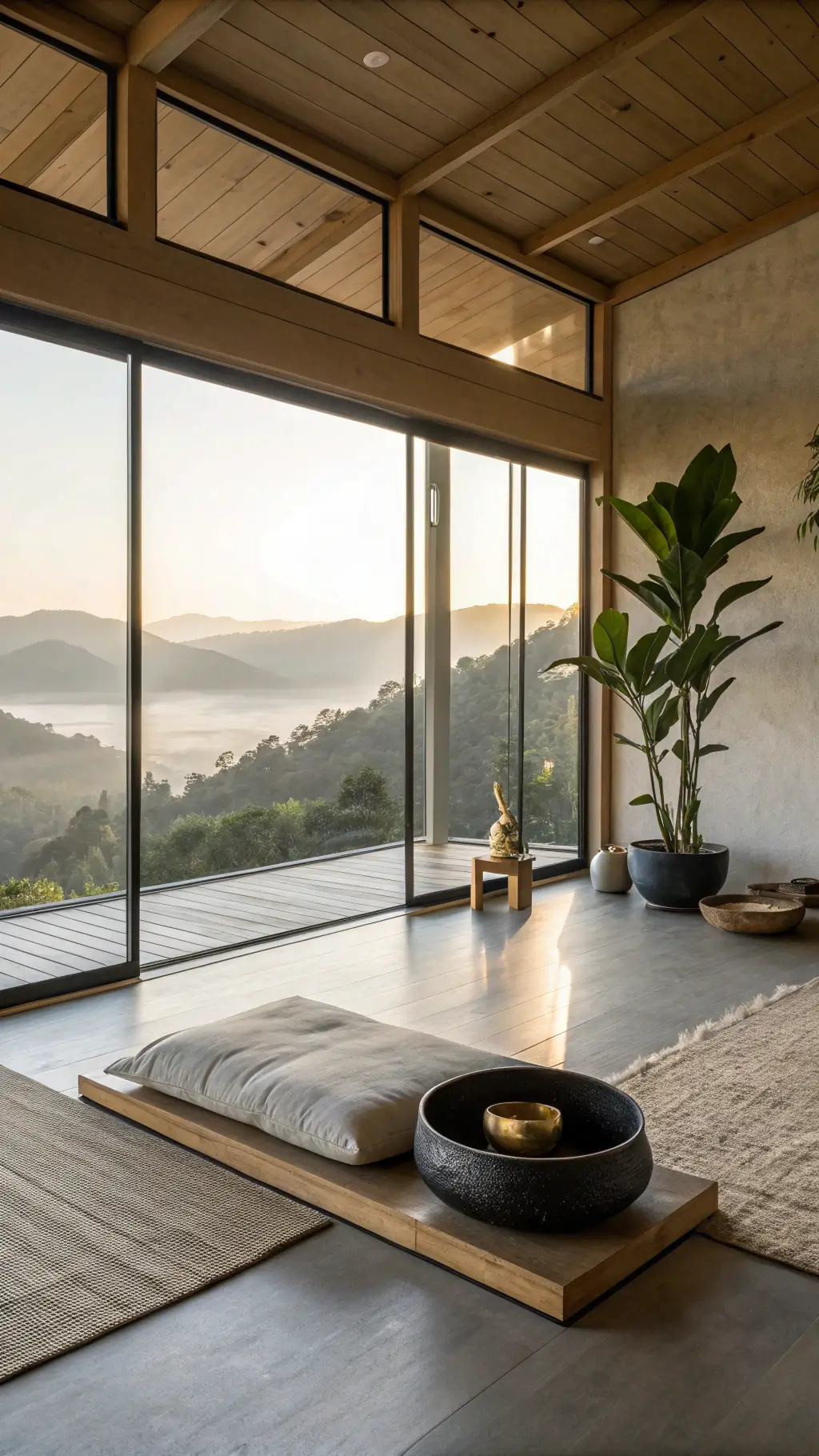 Zen sanctuary with floor-to-ceiling windows framing misty mountain views, bamboo meditation platform on polished concrete floors, fiddle leaf fig plant, minimalist altar with brass singing bowl and textured ivory wallpaper.