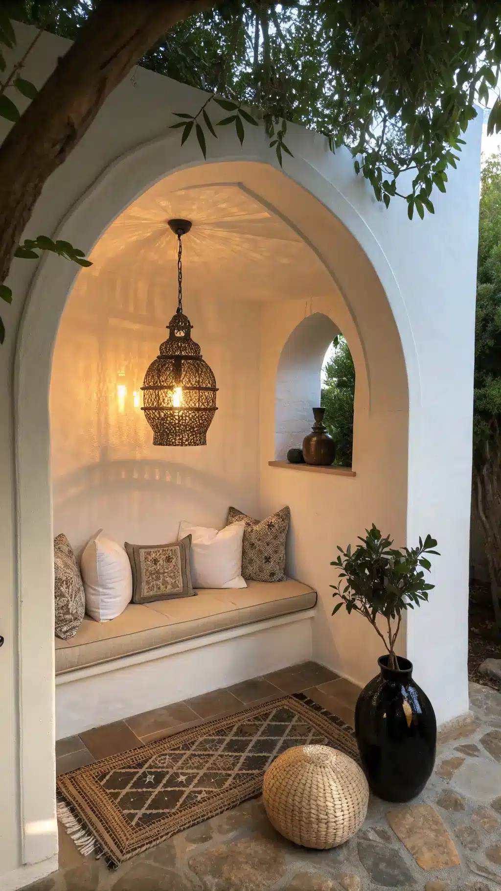 Meditation nook at dusk featuring warm white arched alcove, built-in bench with ivory cushions, Moroccan brass pendant lamp, wool meditation mat, eucalyptus bundle in black vase, with moody lighting.
