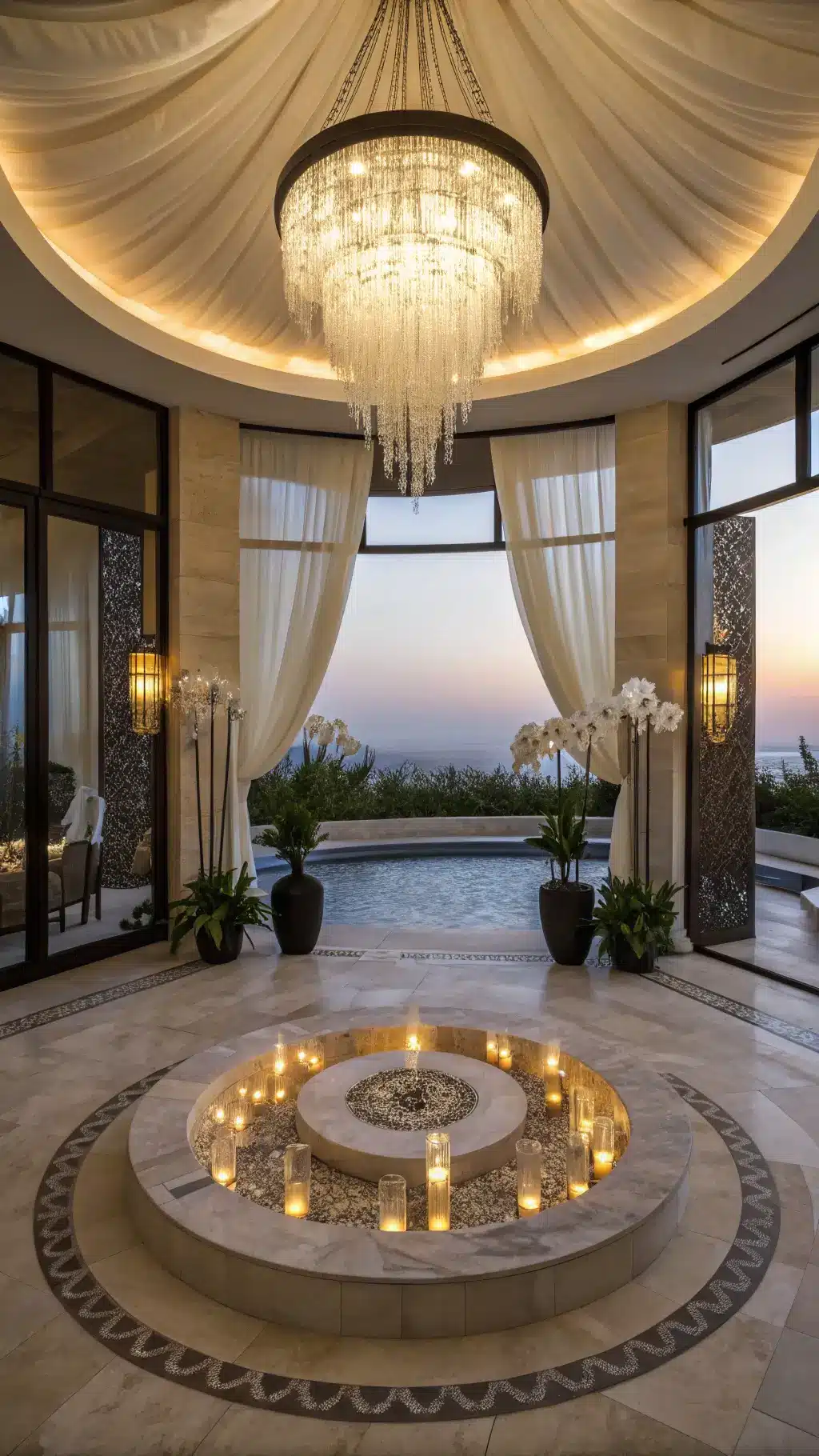 Extravagant 15x15ft meditation room featuring tall windows with silk drapes, sunk-in mediation pit in a heated marble floor, a crystal chandelier creating prismatic lighting, white orchids in tall black vases, and a glowing Himalayan salt wall at twilight.