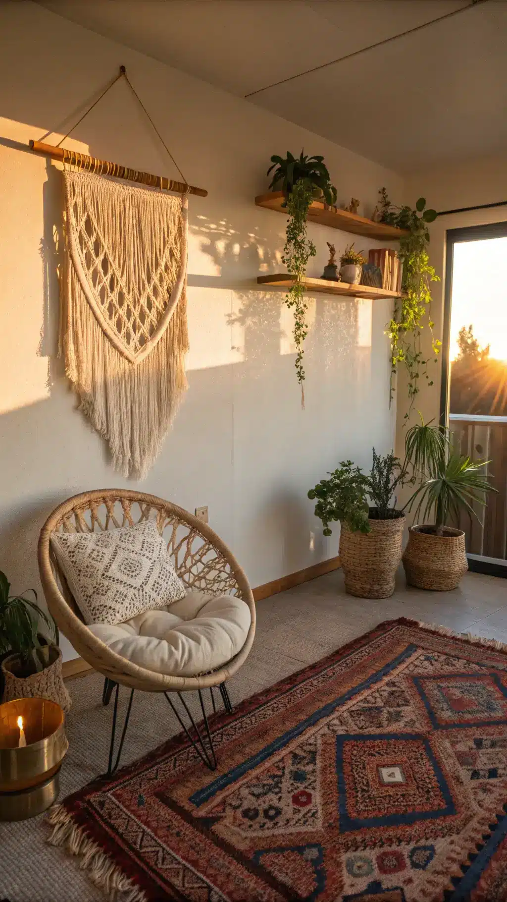Bohemian-styled meditation room in sunrise light featuring a rattan chair, macramé wall hanging, vintage rugs in rust and indigo, a brass incense holder, and trailing pothos plants on wooden shelves.
