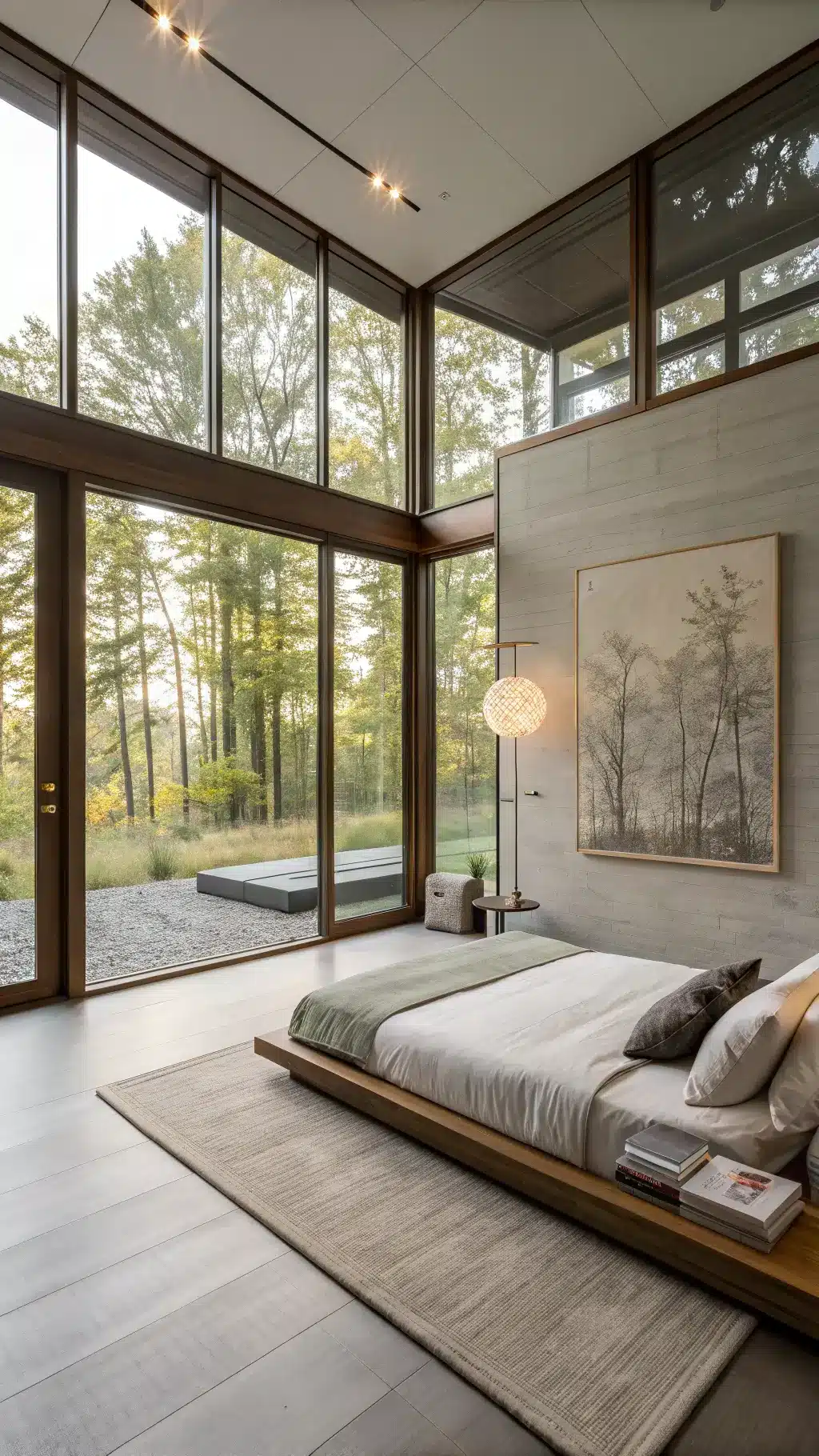Bright, airy 12x14ft contemporary meditation room with floor-to-ceiling frosted glass windows, minimalist brass lamp, abstract artwork in muted tones on the wall and a floating platform bed used as meditation space, shot in diffuse natural noon light.