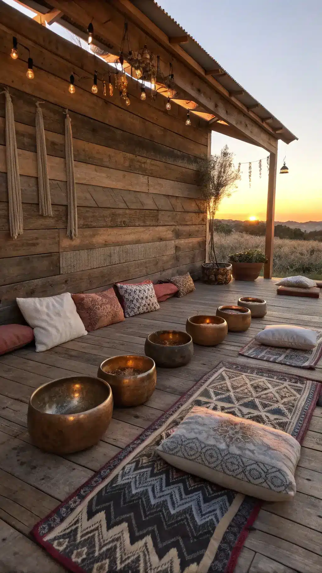 Meditation corner at sunset with reclaimed wood wall, leather cushions on wool rug, copper bowls, and hanging dried lavender bundles