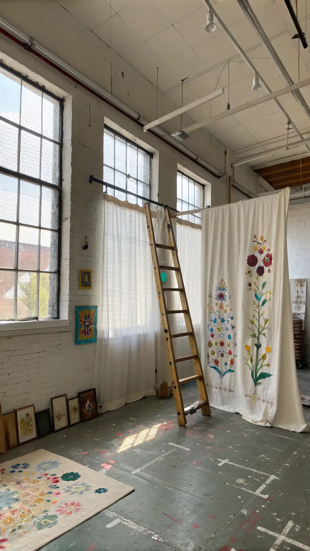 Bright, spacious artist's studio with north-facing industrial windows, white cotton panels, handwoven hemp curtains, distressed wooden ladder, and paint-splattered concrete floors.
