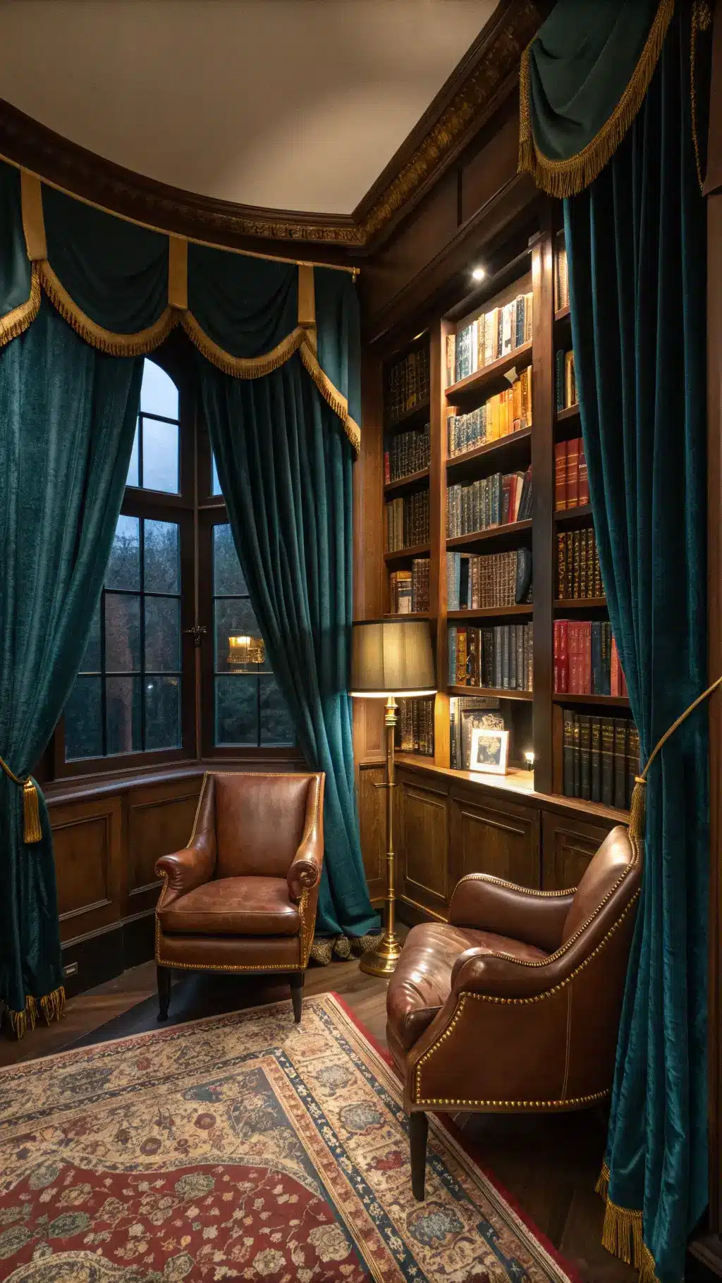 Luxurious, maximalist library study with teal velvet curtains, built-in bookshelves, vintage brass lamp, Persian carpet and leather club chairs, shot in warm artificial evening light.