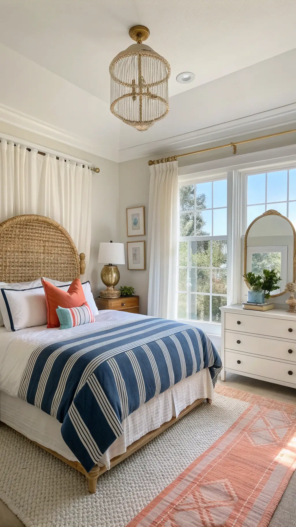 Sunlit coastal teen bedroom with navy and white bedding, rattan headboard, and color-coordinated throw pillows, illuminated by morning light streaming through a large bay window with white curtains.