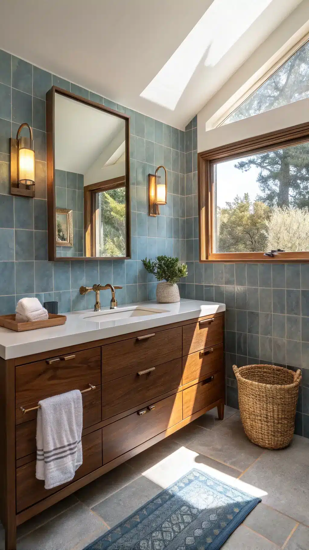 Sunlit, modern guest bathroom with blue ceramic tiles and walnut vanity, complemented by brass accents and afternoon light creating dynamic shadows.