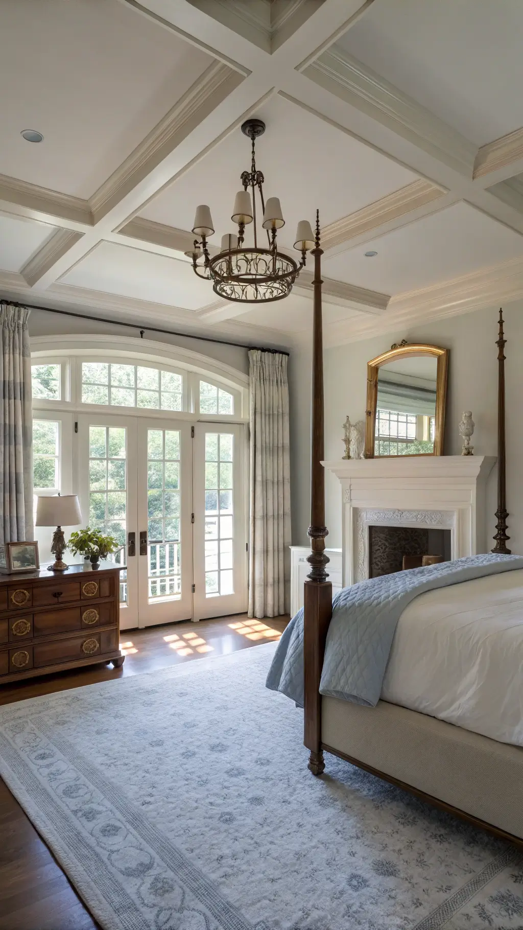 Luxurious master bedroom suite lit by early morning light, featuring a four-poster bed, antique chest of drawers, fireplace with crystal sconces and a carved mirror, draped silk curtains, and French doors leading to a balcony.