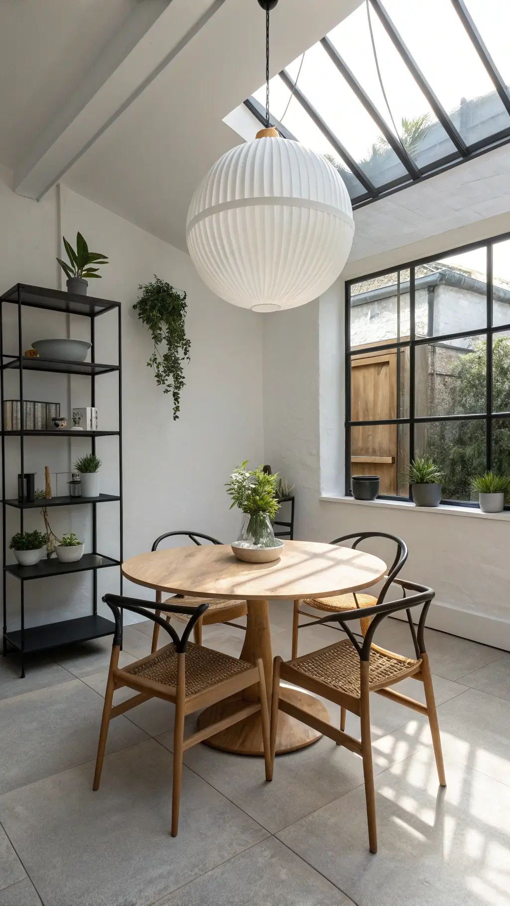 Compact dining space with pendant light over oak table, wishbone chairs, black metal shelving, ceramics and plants, illuminated by morning light through steel-framed windows.
