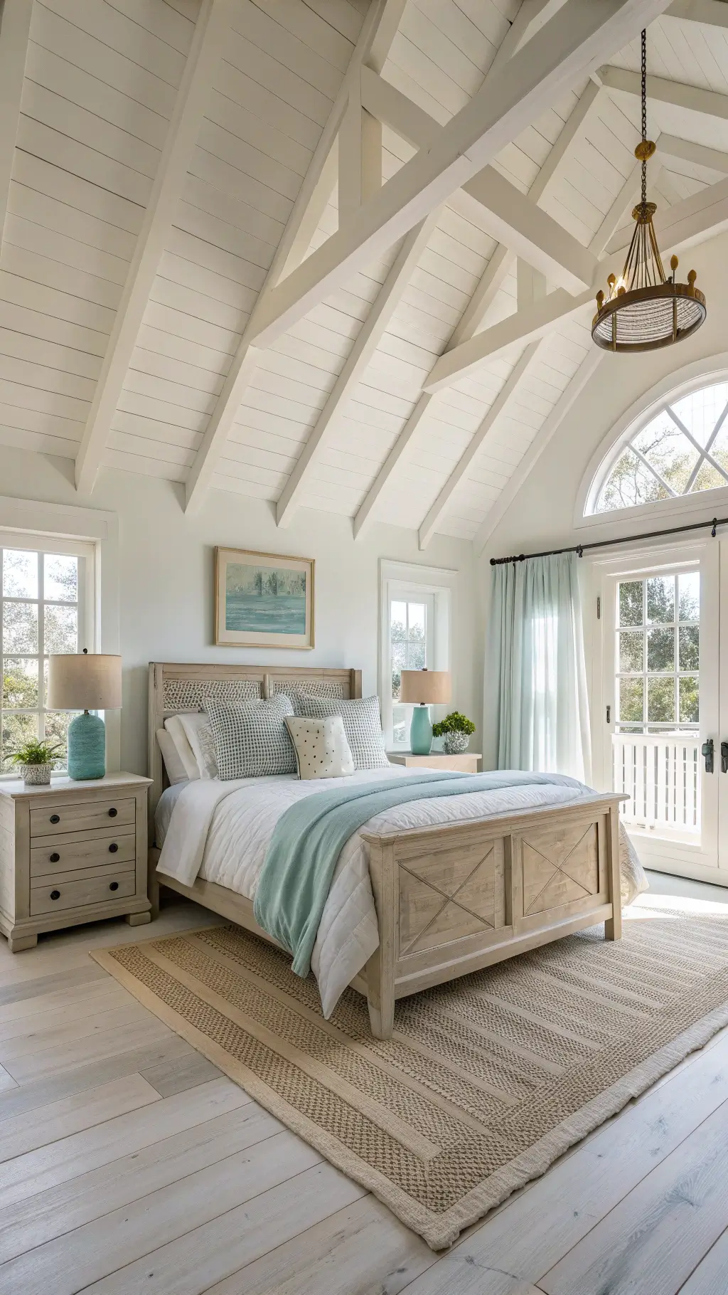 Sunlit coastal master bedroom with cathedral ceilings, floor-to-ceiling windows, weathered oak bed, and distressed white decor, shot from a low corner angle.